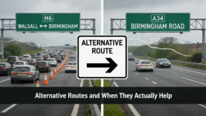 M6 Walsall Birmingham lanes closure with road cones and lane restrictions visible on busy West Midlands motorway section, 2026