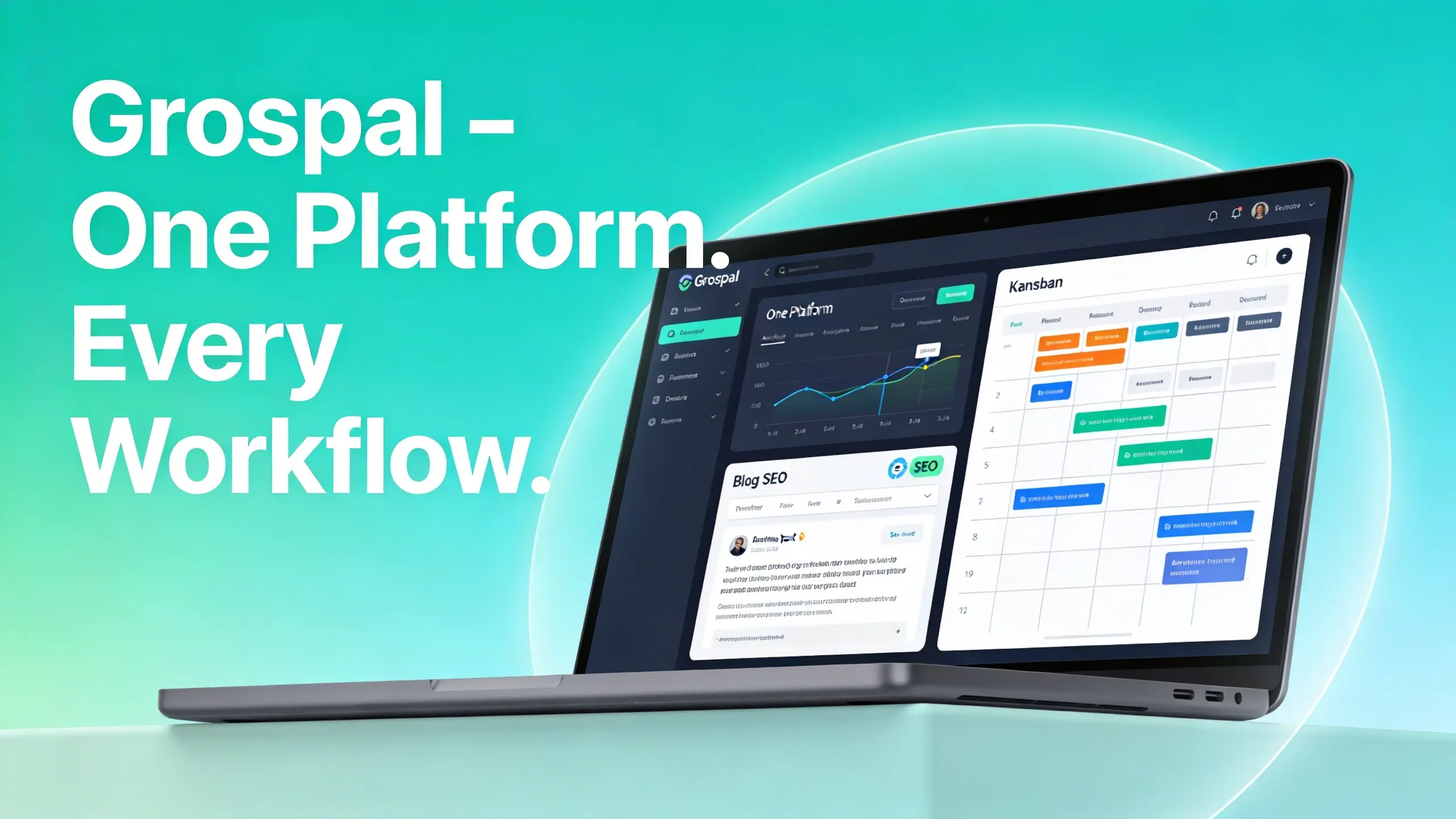 Grospal blogging and workflow management platform dashboard showing analytics, SEO tools, and content editor