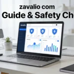 Text: zavalio com website on laptop screen with digital security indicators and analysis tools for safe browsing evaluation