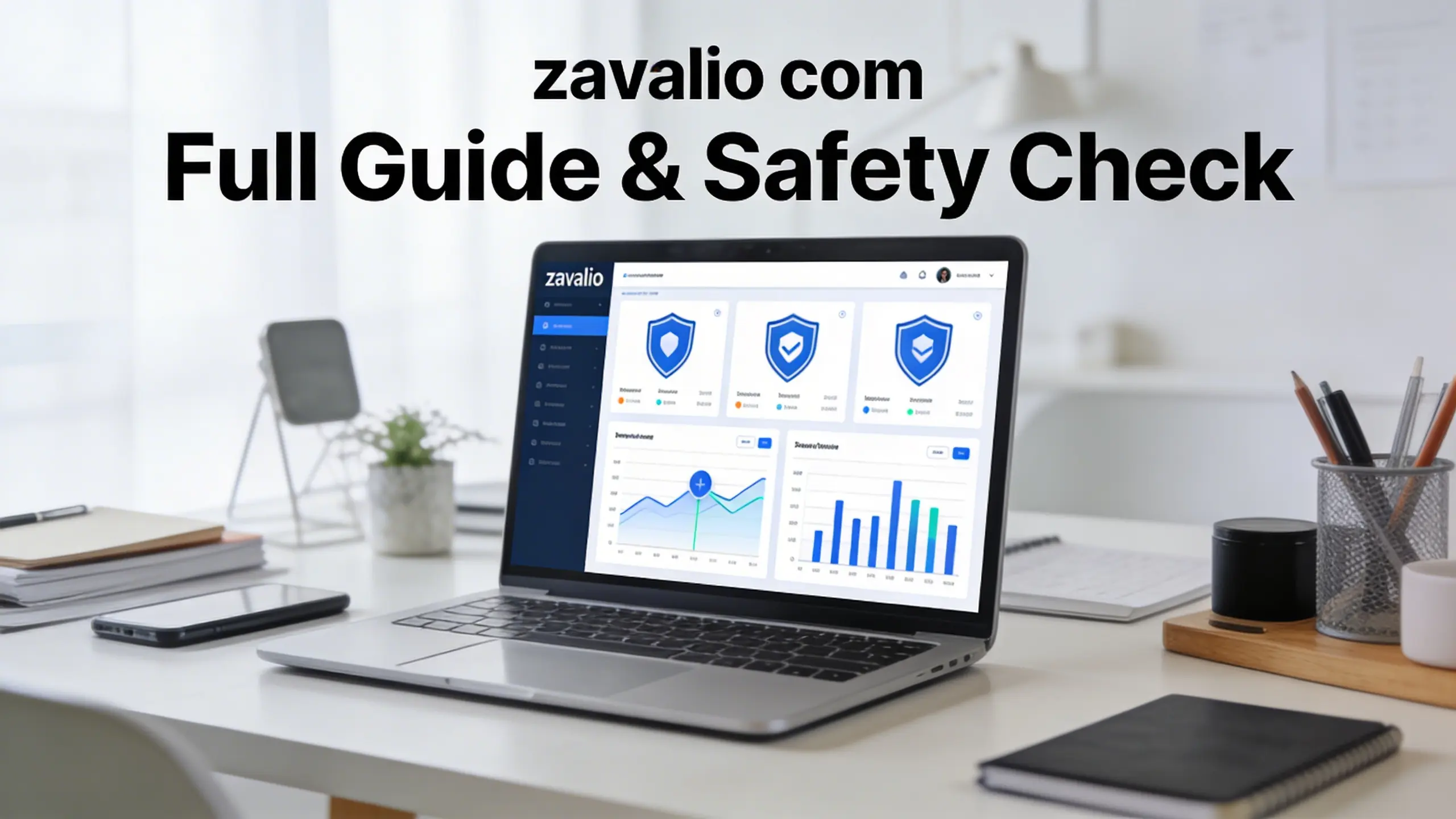 Text: zavalio com website on laptop screen with digital security indicators and analysis tools for safe browsing evaluation