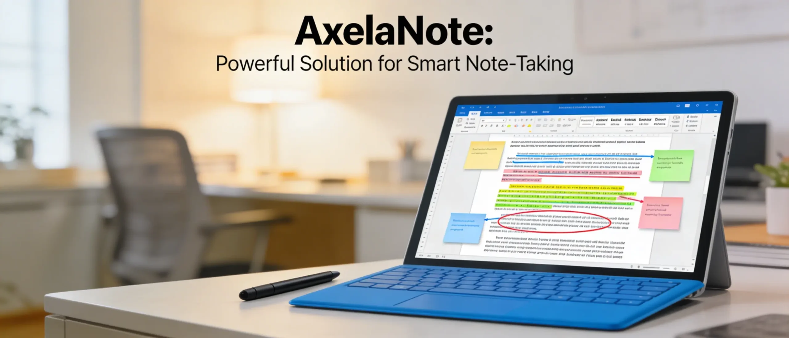 AxelaNote PDF annotation overlay tool showing layered notes on a locked document with stylus input on Windows desktop