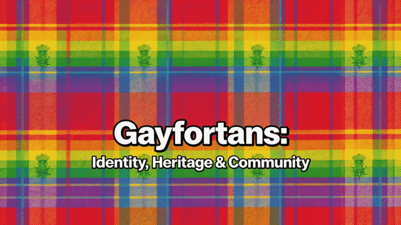 Gayfortans cultural concept blending LGBTQ+ pride with tartan symbolism in a vibrant digital art style, 2026 UK community