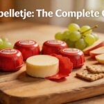 Babybelletje mini cheese rounds with red wax coating arranged on a rustic wooden cheese board with fresh fruit and crackers