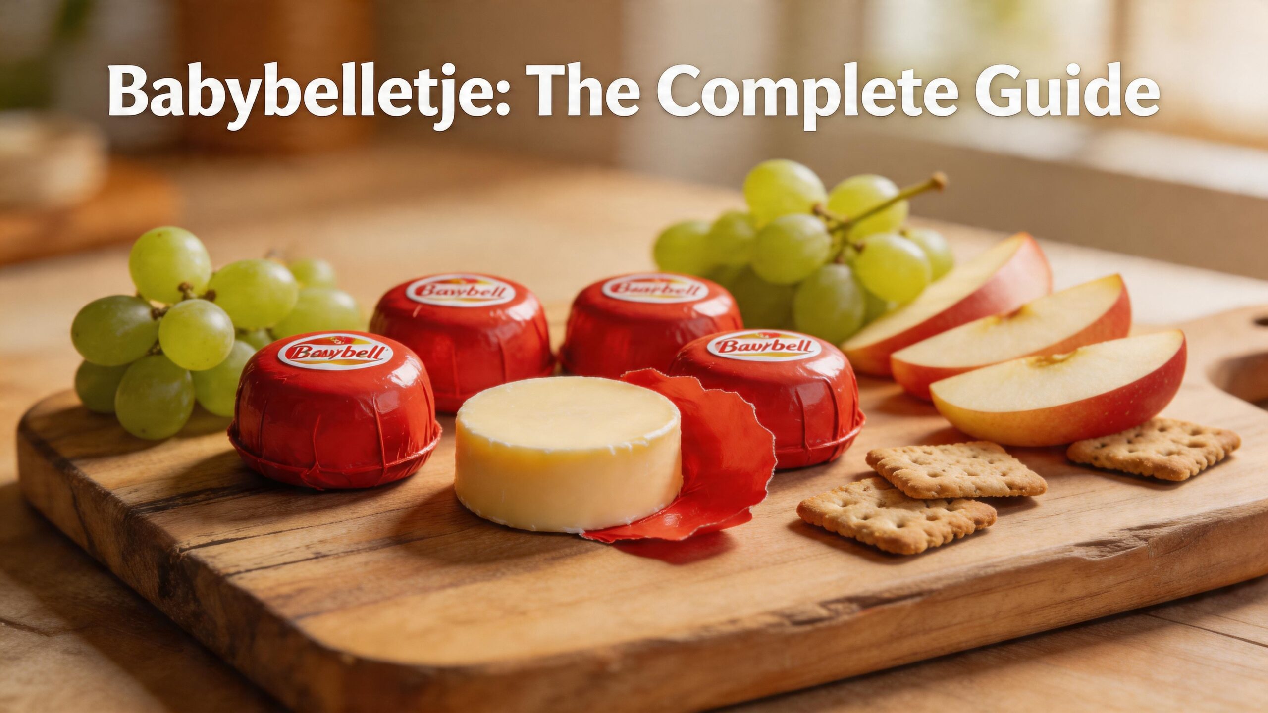 Babybelletje mini cheese rounds with red wax coating arranged on a rustic wooden cheese board with fresh fruit and crackers
