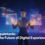 Spaietacle concept showing immersive spatial digital design with glowing interfaces and human interaction,