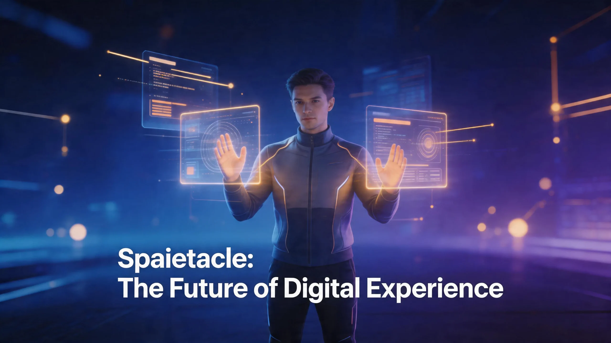 Spaietacle concept showing immersive spatial digital design with glowing interfaces and human interaction,