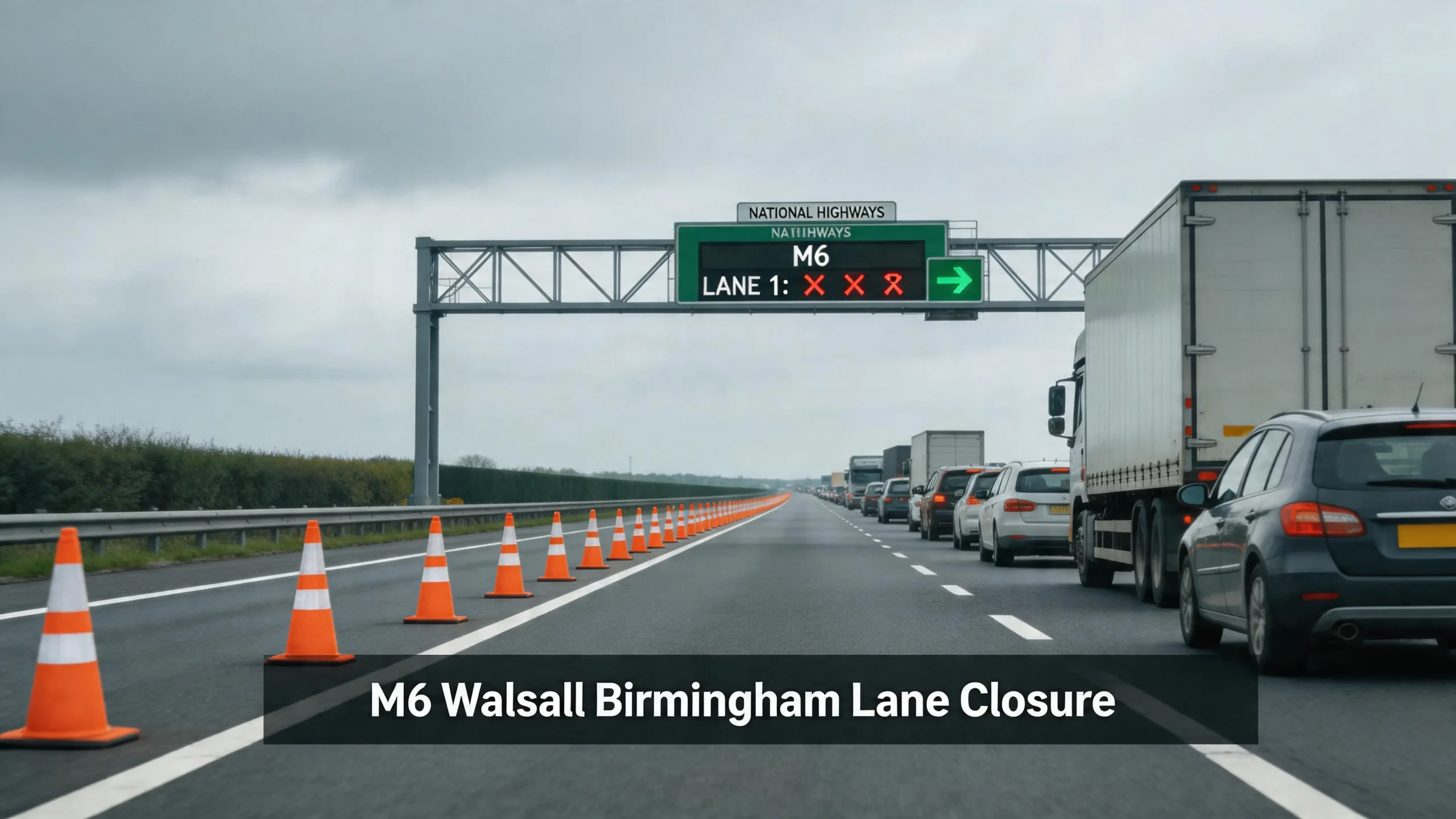 M6 Walsall Birmingham lanes closure with road cones and lane restrictions visible on busy West Midlands motorway section, 2026
