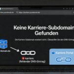 Keine karriere-subdomain gefunden error message on a browser screen with DNS and career page icons,