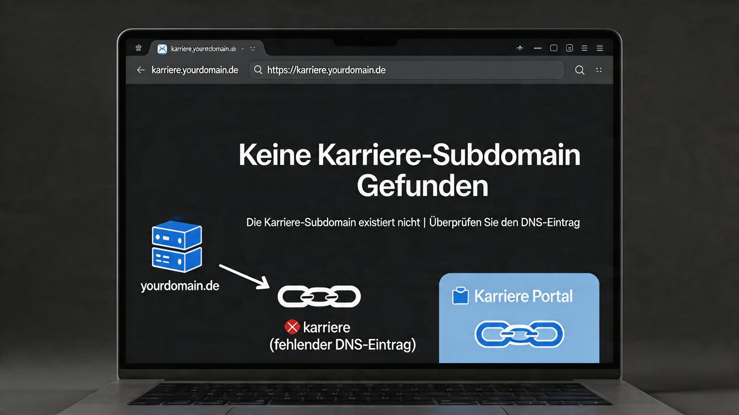 Keine karriere-subdomain gefunden error message on a browser screen with DNS and career page icons,