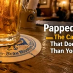Pappedeckel cardboard coaster with beer glass on traditional German pub wooden table, brewery branding visible