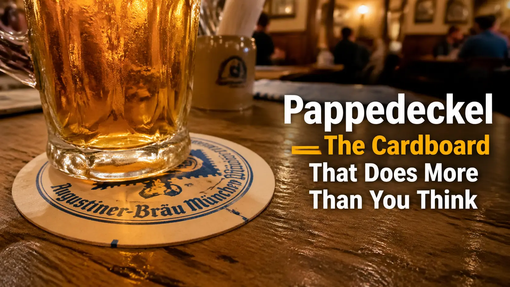 Pappedeckel cardboard coaster with beer glass on traditional German pub wooden table, brewery branding visible