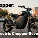 Eschopper electric chopper motorcycle on urban street with low-slung frame, wide handlebars and fat tires showcasing modern electric cruiser design