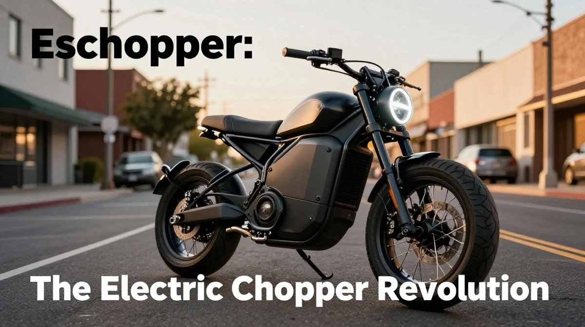 Eschopper electric chopper motorcycle on urban street with low-slung frame, wide handlebars and fat tires showcasing modern electric cruiser design