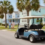 Electric golf cart Charleston SC family driving through sunny coastal neighborhood street