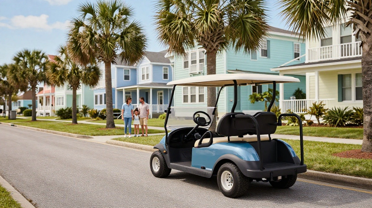 Electric golf cart Charleston SC family driving through sunny coastal neighborhood street