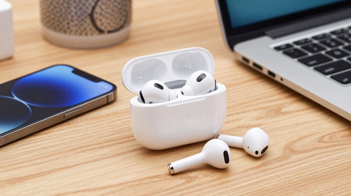 Best wireless earbuds under 200 dollars 2024 displayed near a laptop and phone on desk